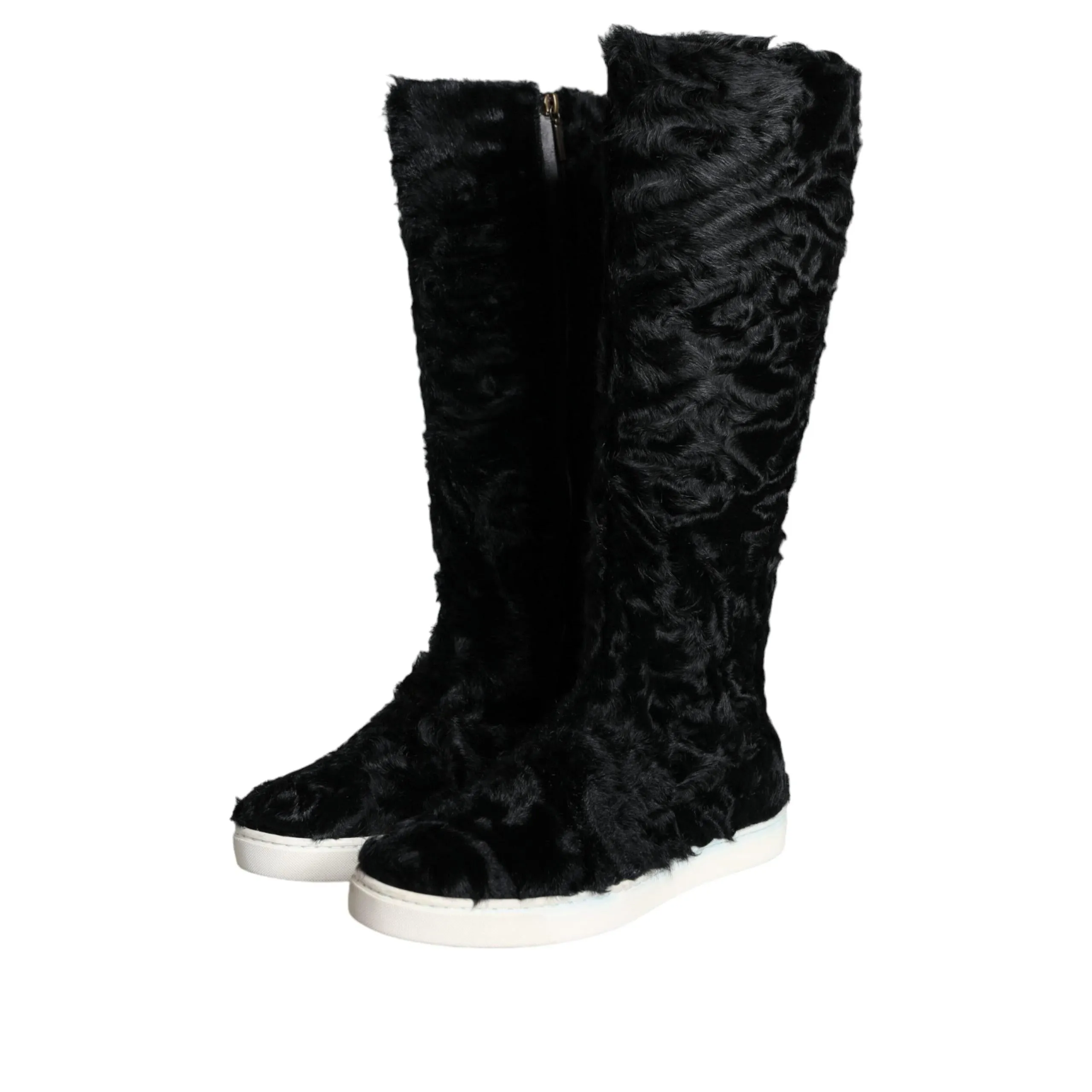 Dolce & Gabbana Black Xiangao Lamb Fur Leather Boots Shoes