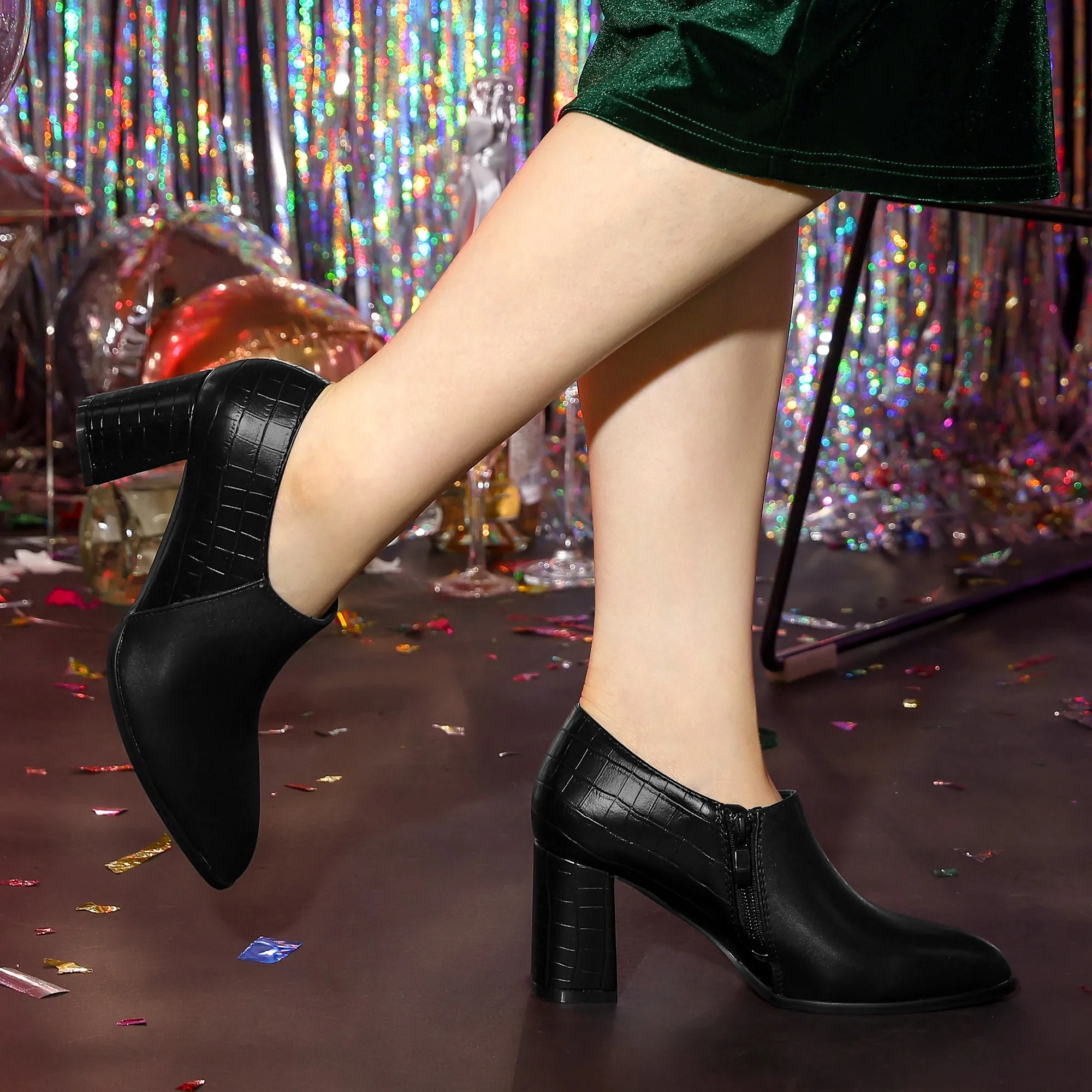 Patchwork Oxford Pointed Toe Chunky Heel Ankle Booties