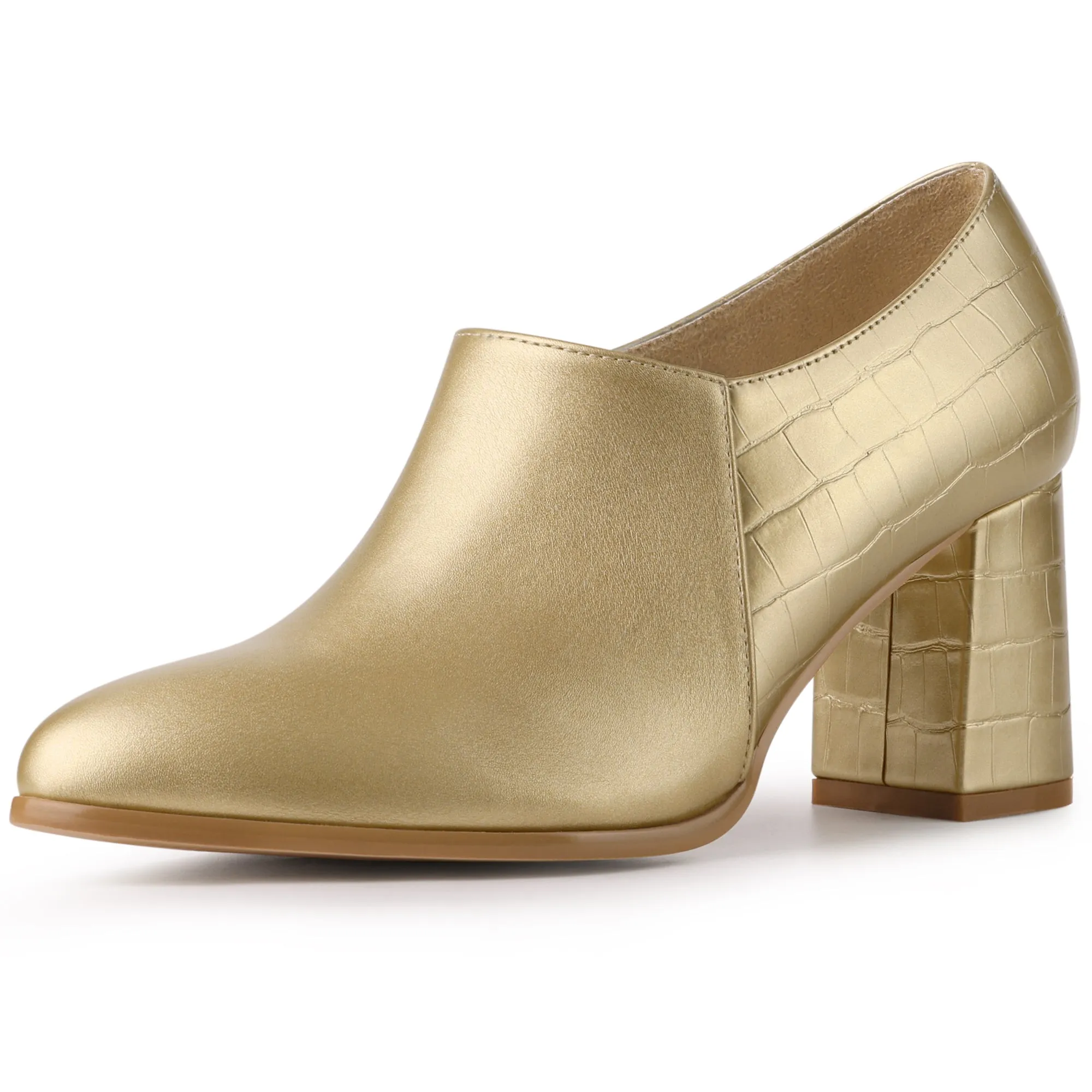 Patchwork Oxford Pointed Toe Chunky Heel Ankle Booties