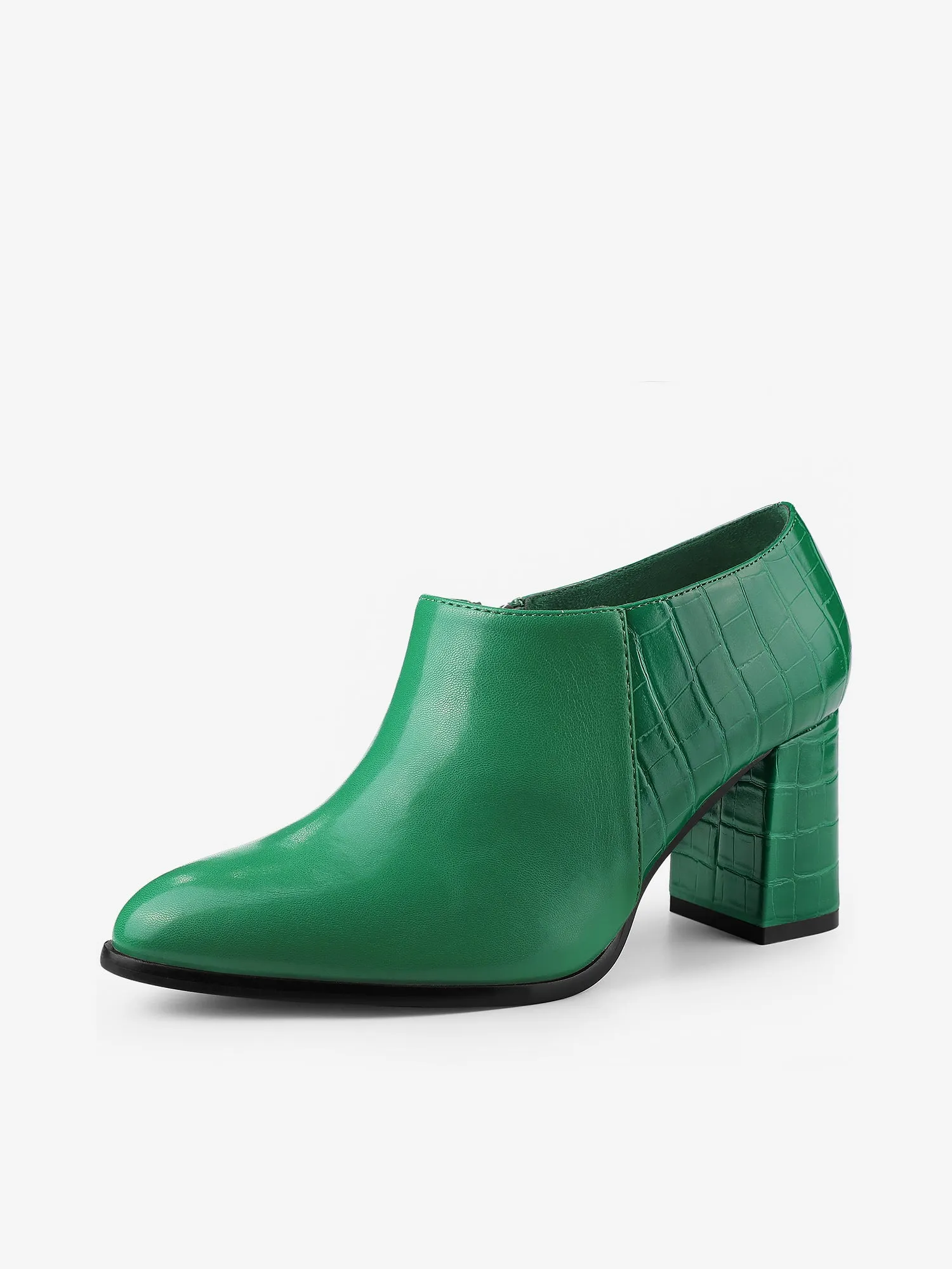Patchwork Oxford Pointed Toe Chunky Heel Ankle Booties