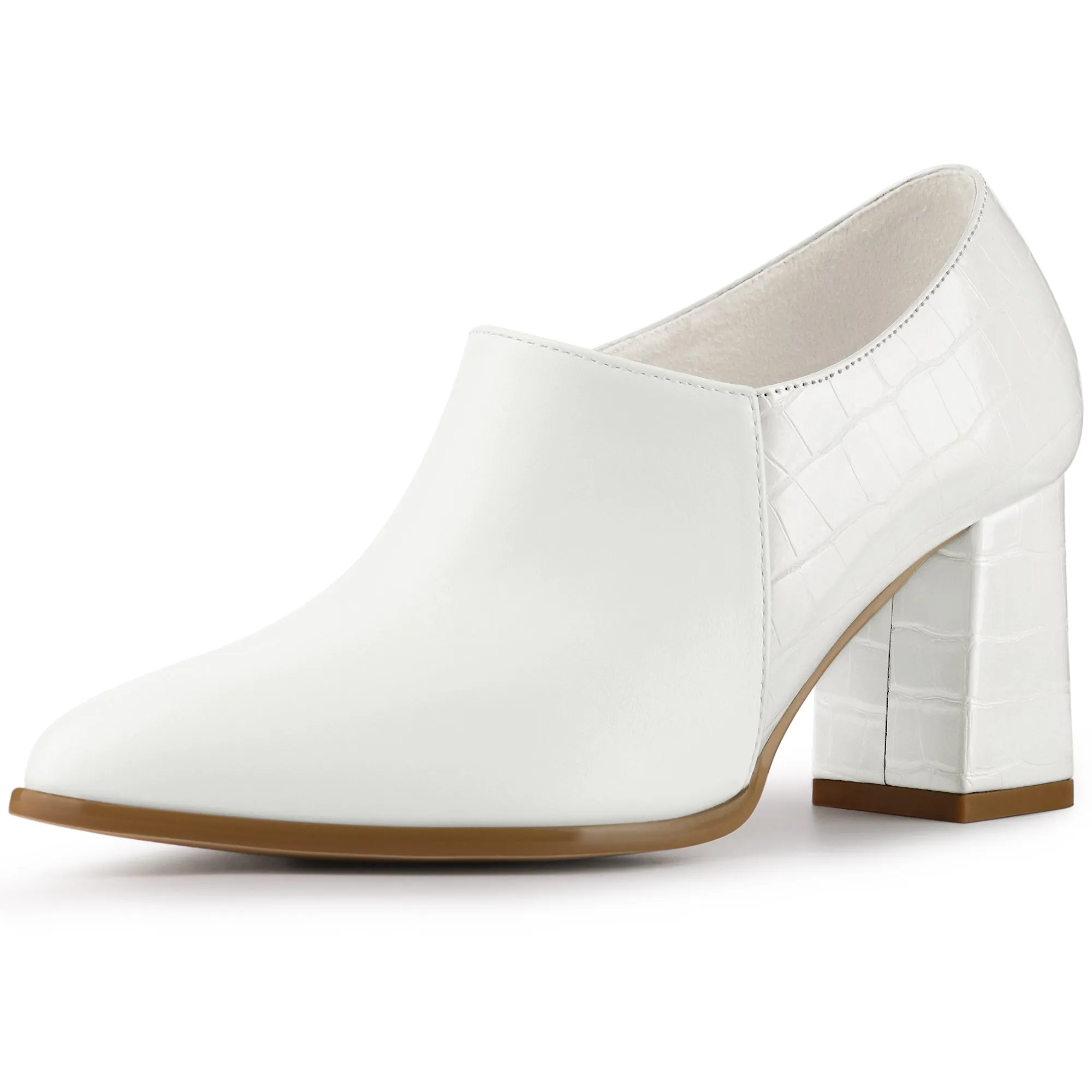 Patchwork Oxford Pointed Toe Chunky Heel Ankle Booties