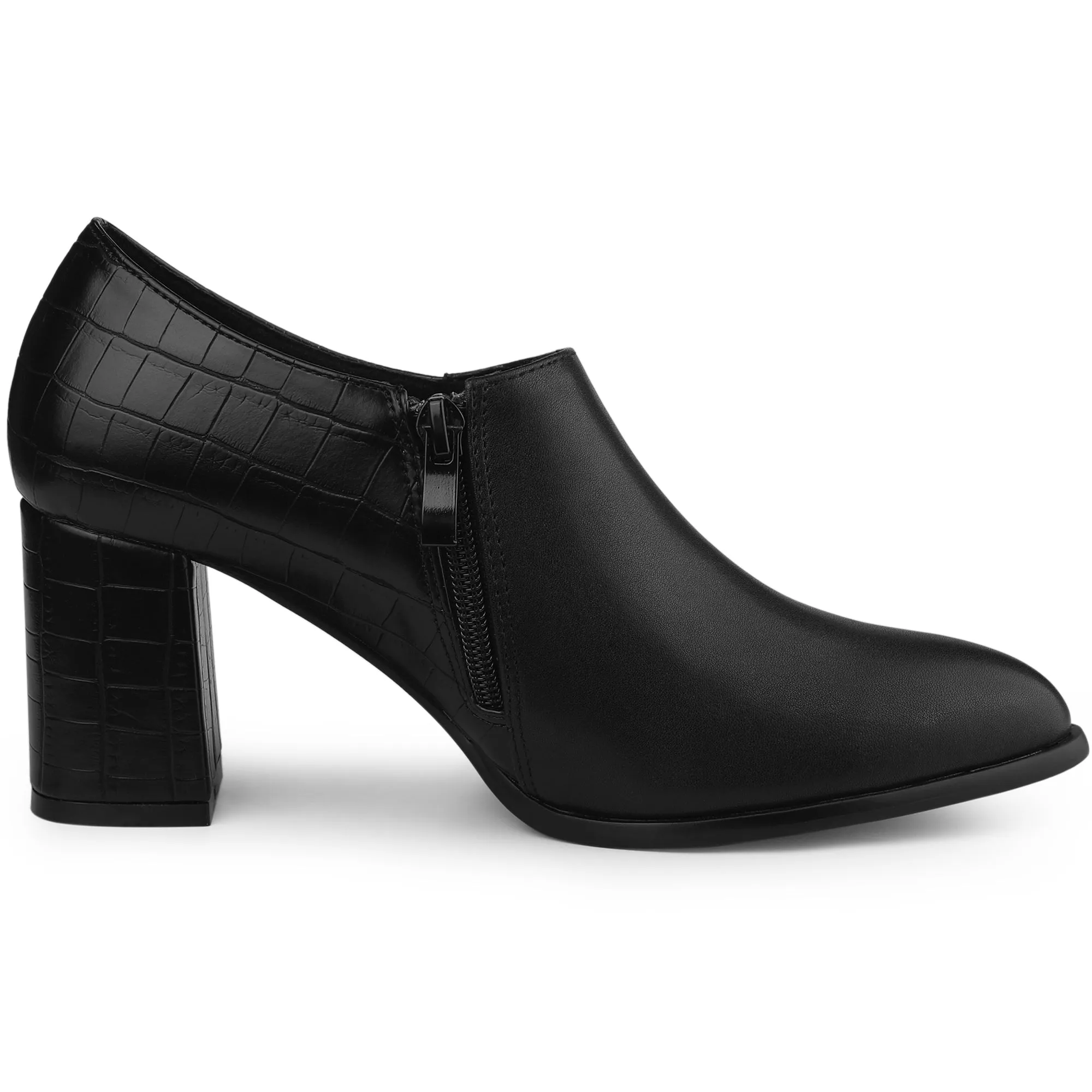 Patchwork Oxford Pointed Toe Chunky Heel Ankle Booties