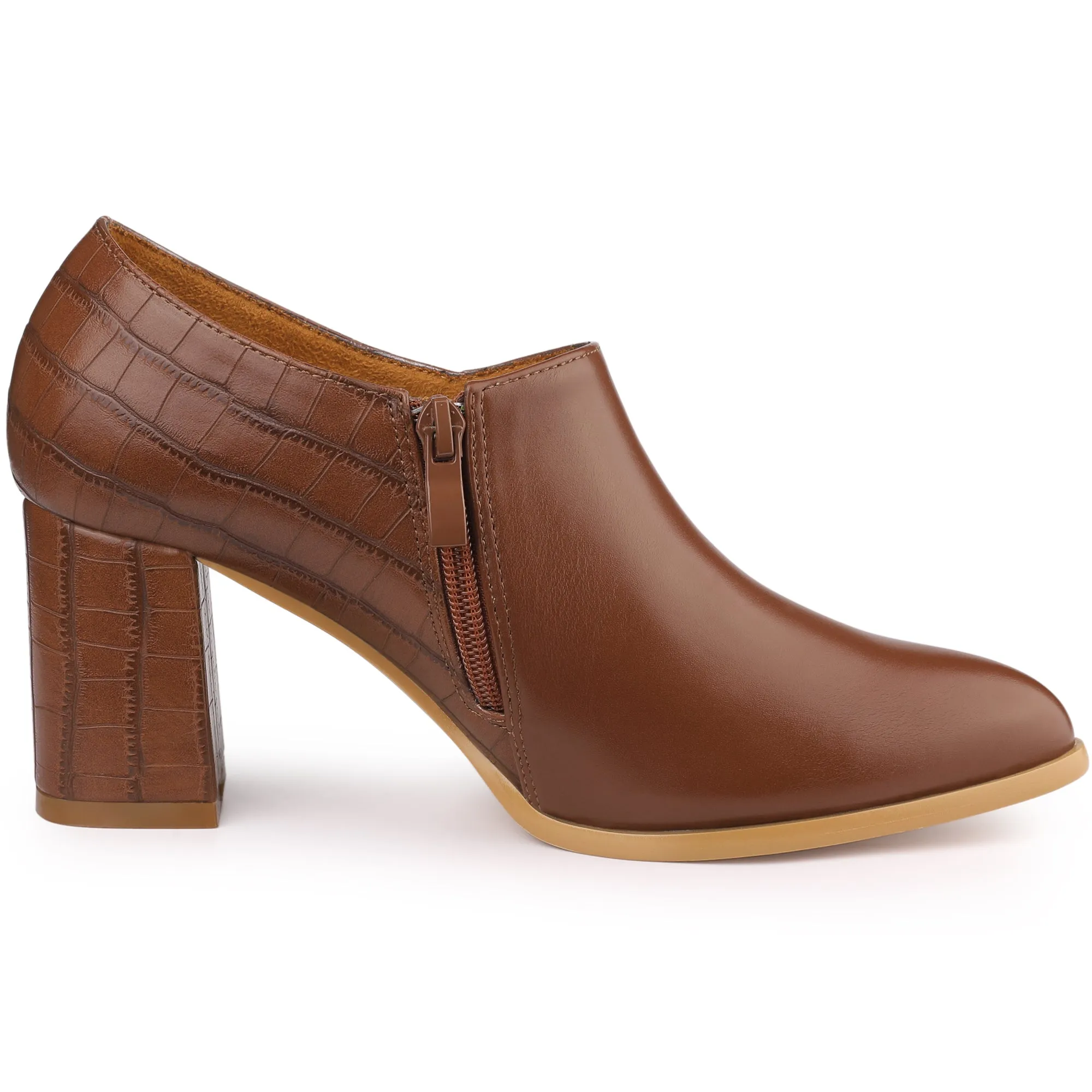 Patchwork Oxford Pointed Toe Chunky Heel Ankle Booties