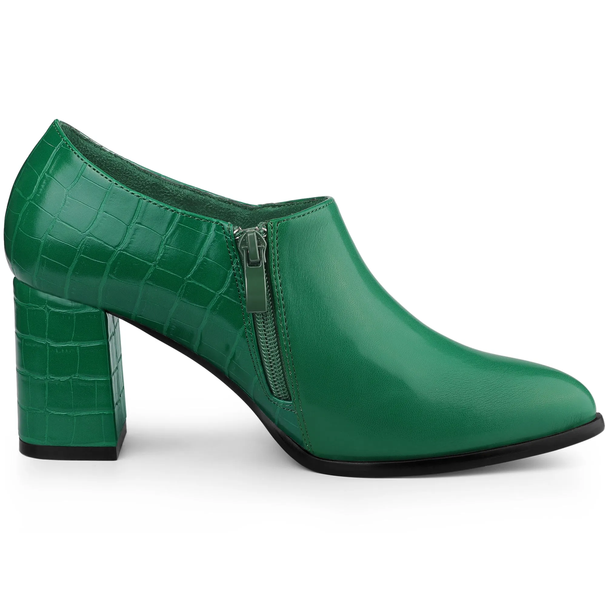 Patchwork Oxford Pointed Toe Chunky Heel Ankle Booties