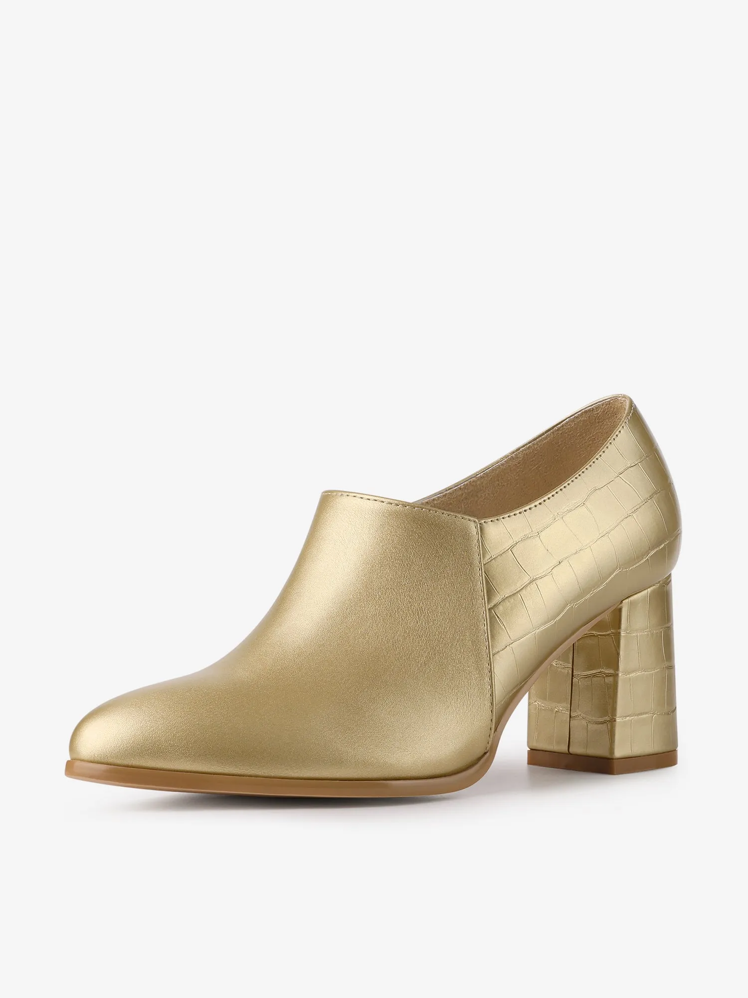 Patchwork Oxford Pointed Toe Chunky Heel Ankle Booties