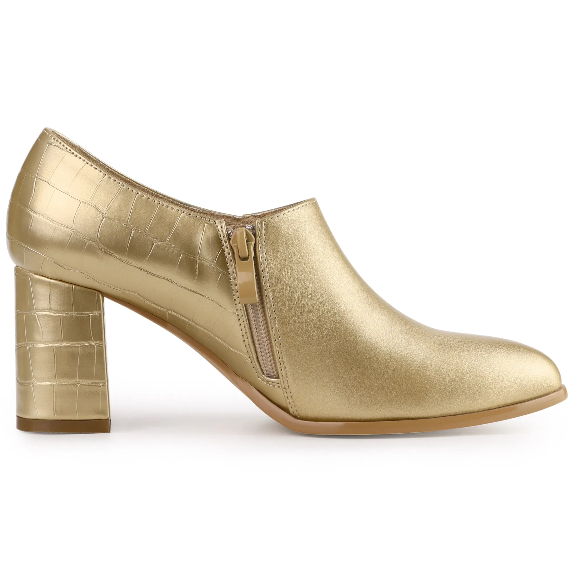 Patchwork Oxford Pointed Toe Chunky Heel Ankle Booties