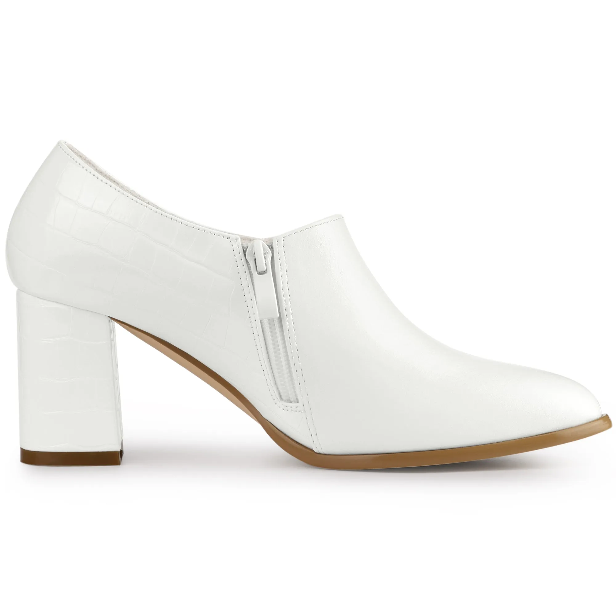 Patchwork Oxford Pointed Toe Chunky Heel Ankle Booties