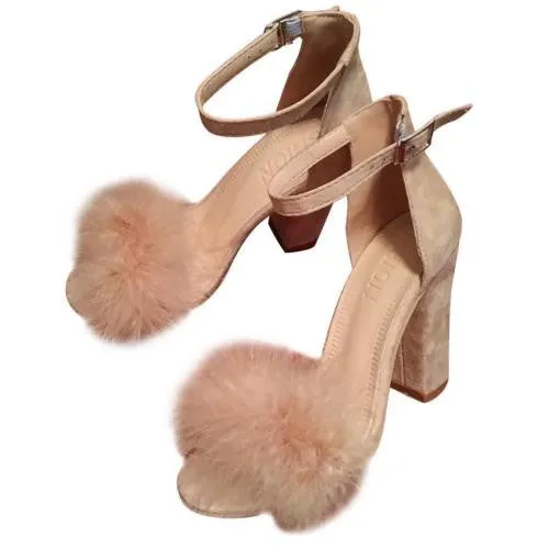 Womens Black Faux Fur High Heels Ankle Nude Chunky Heels