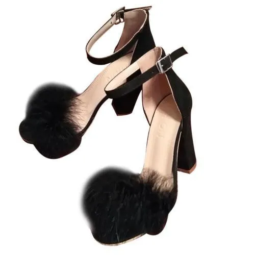 Womens Black Faux Fur High Heels Ankle Nude Chunky Heels