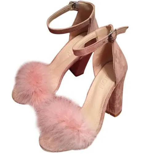 Womens Black Faux Fur High Heels Ankle Nude Chunky Heels