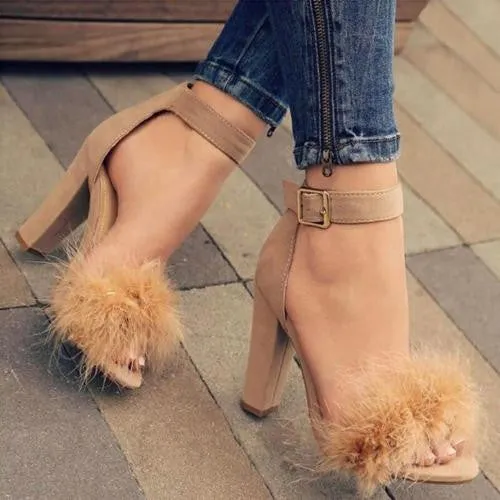 Womens Black Faux Fur High Heels Ankle Nude Chunky Heels